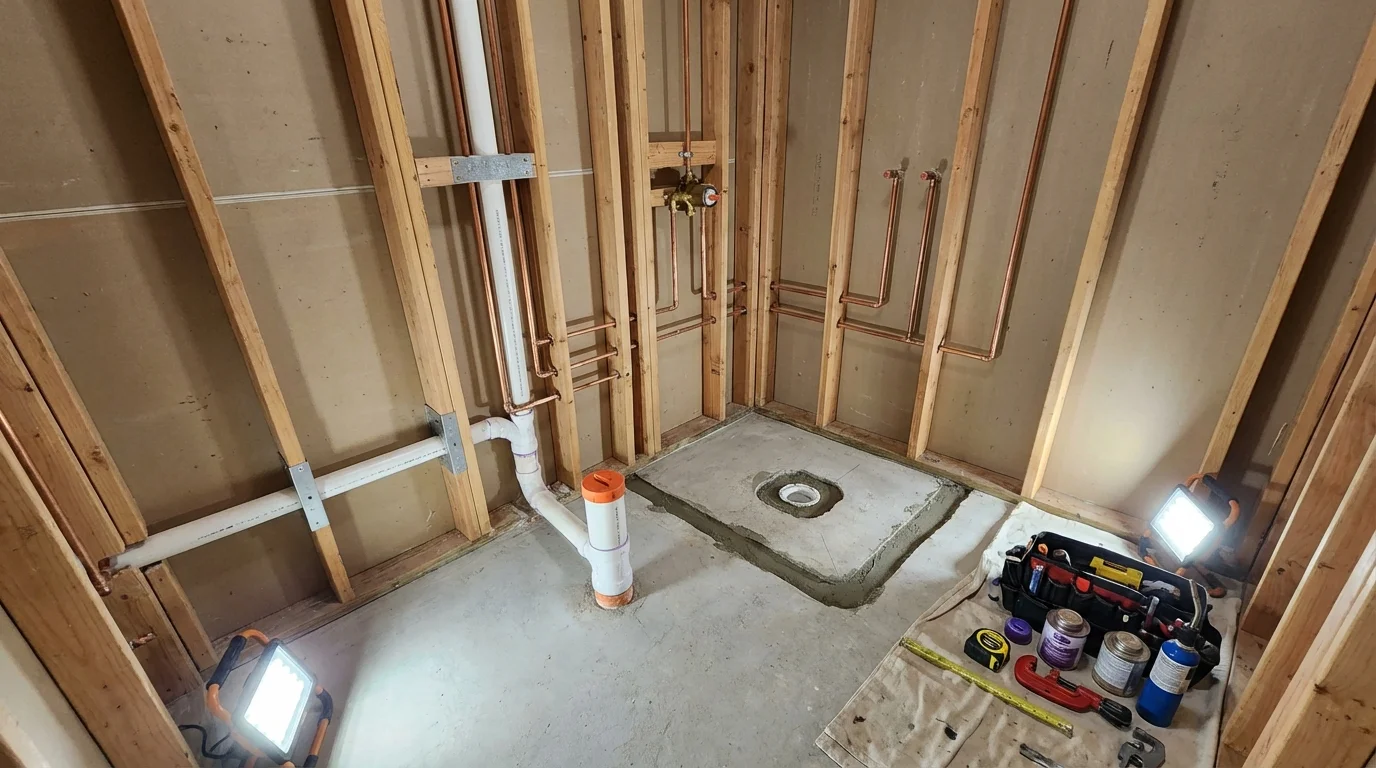 Bathroom rough-in plumbing during remodel by Johns Plumbing LLC in Pawlet
