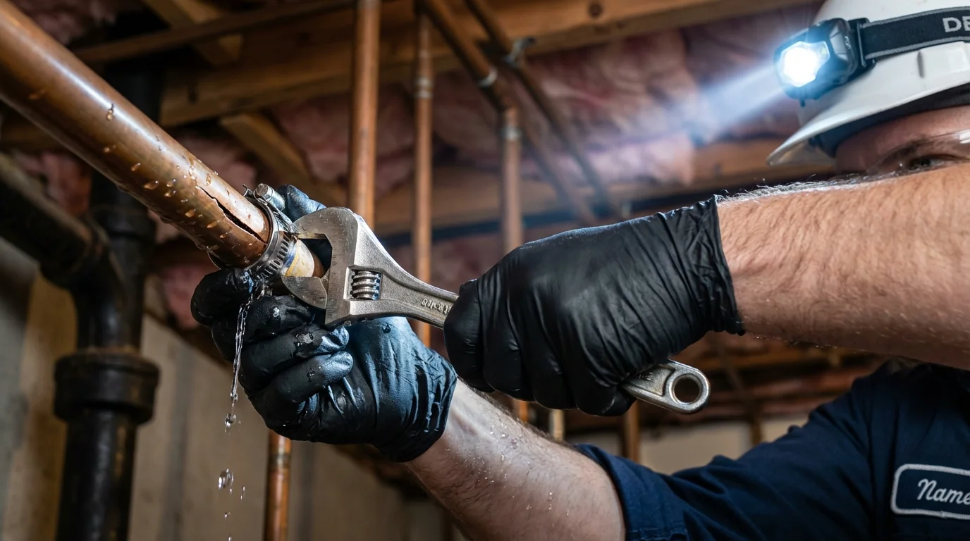 Emergency pipe clamp repair being performed by a Johns Plumbing LLC plumber in Pawlet