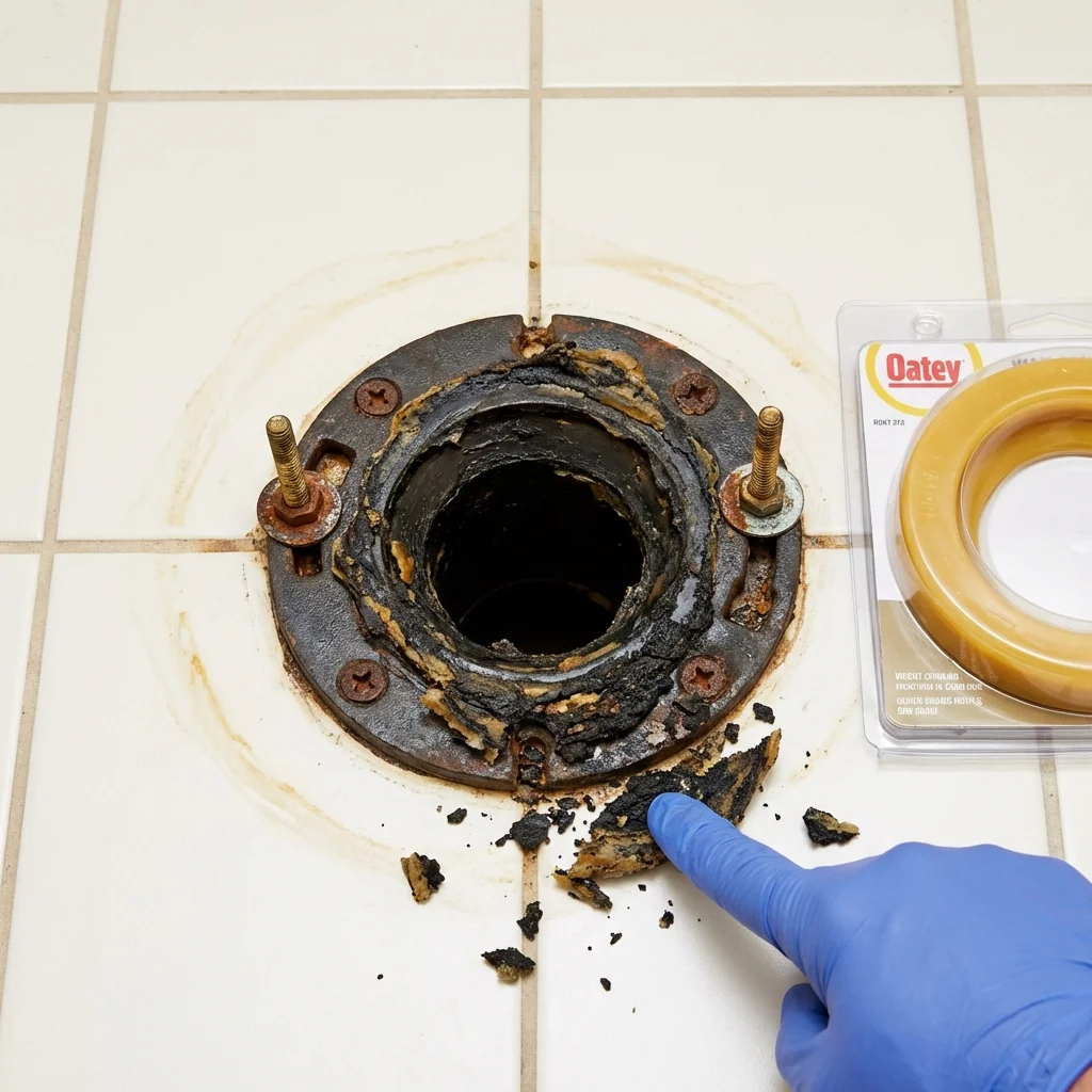 Failed wax ring showing water seepage at the base of a toilet in a Pawlet, VT home