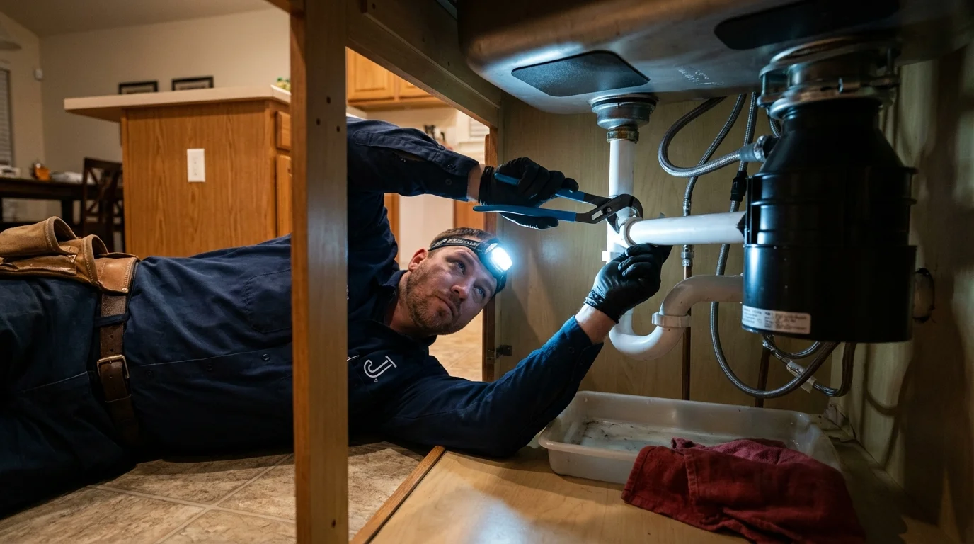 P-trap and supply line connections under a kitchen sink showing a common leak point in Pawlet, VT